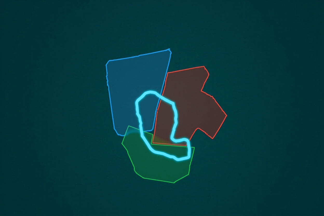 Ilustración de un mapa con un territorio azul, uno verde, uno rojo que cubre parte del azul y la ruta cian de un corredor